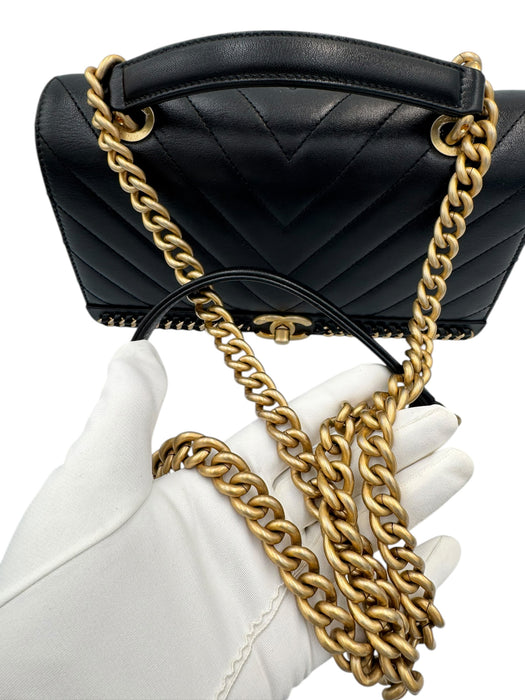 Chanel Black Chevron Stitched Chain Top Handle Bag