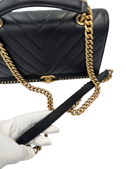 Chanel Black Chevron Stitched Chain Top Handle Bag