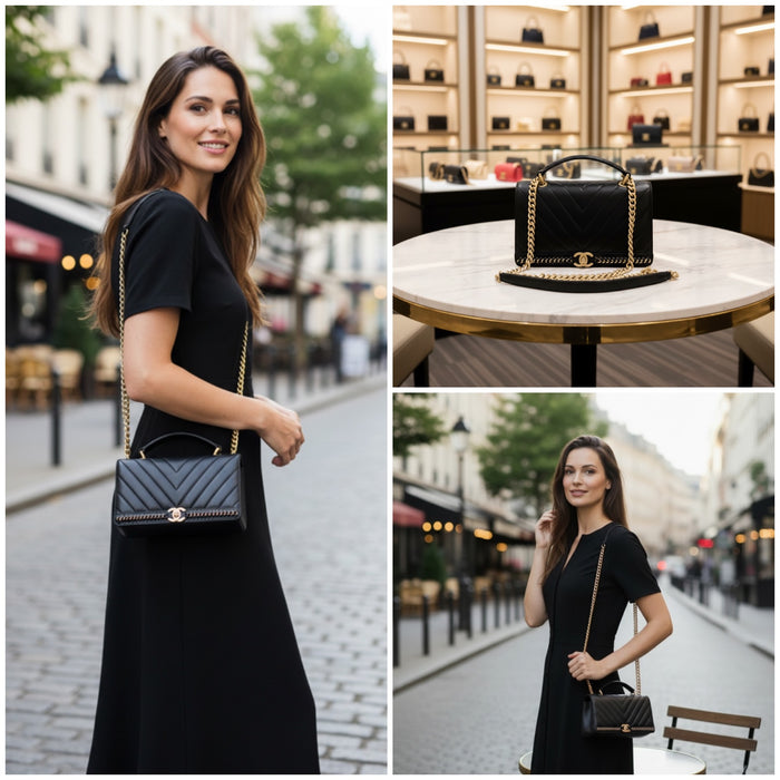 Chanel Black Chevron Stitched Chain Top Handle Bag