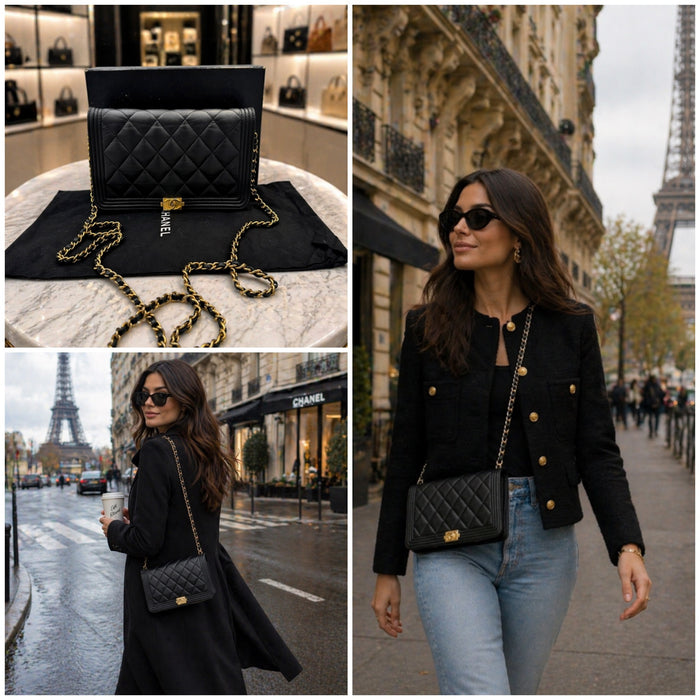 Chanel Boy WOC Black Caviar Leather Wallet on Chain Crossbody Bag