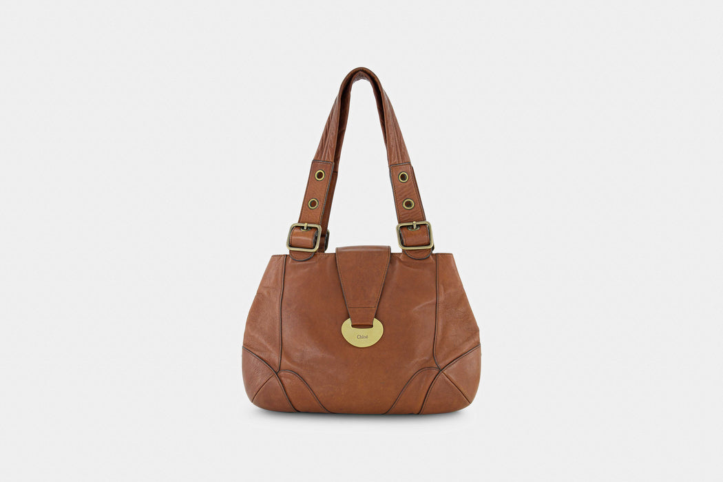 Chloe Logo Plate Leather Tote Hobo Bag- Brown