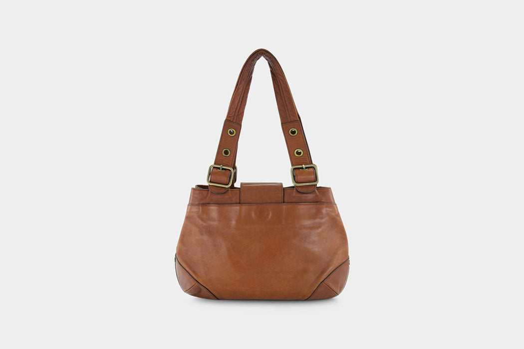 Chloe Logo Plate Leather Tote Hobo Bag- Brown