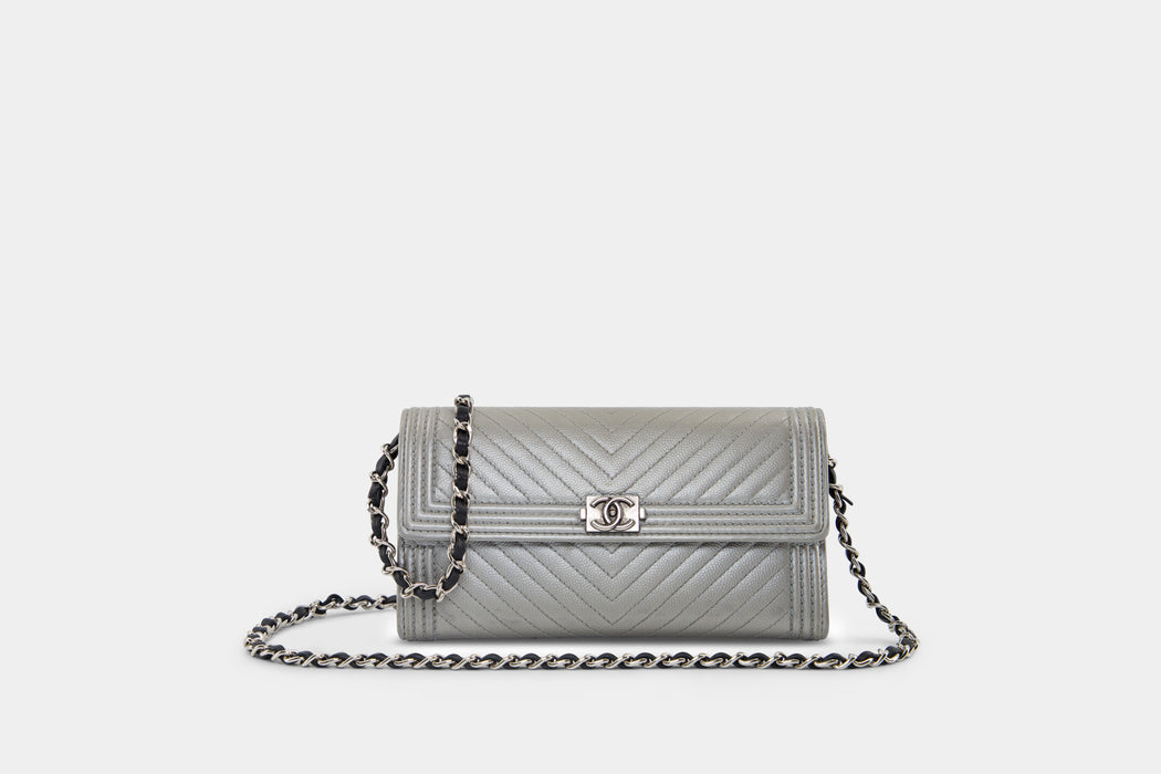 Chanel Chevron long flap Ruthenium wallet- Silver