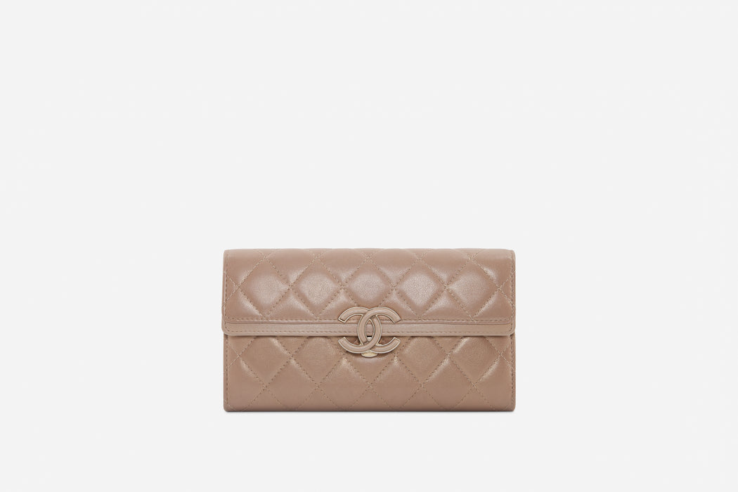Chanel Long flap CC quilted metallic brown wallet