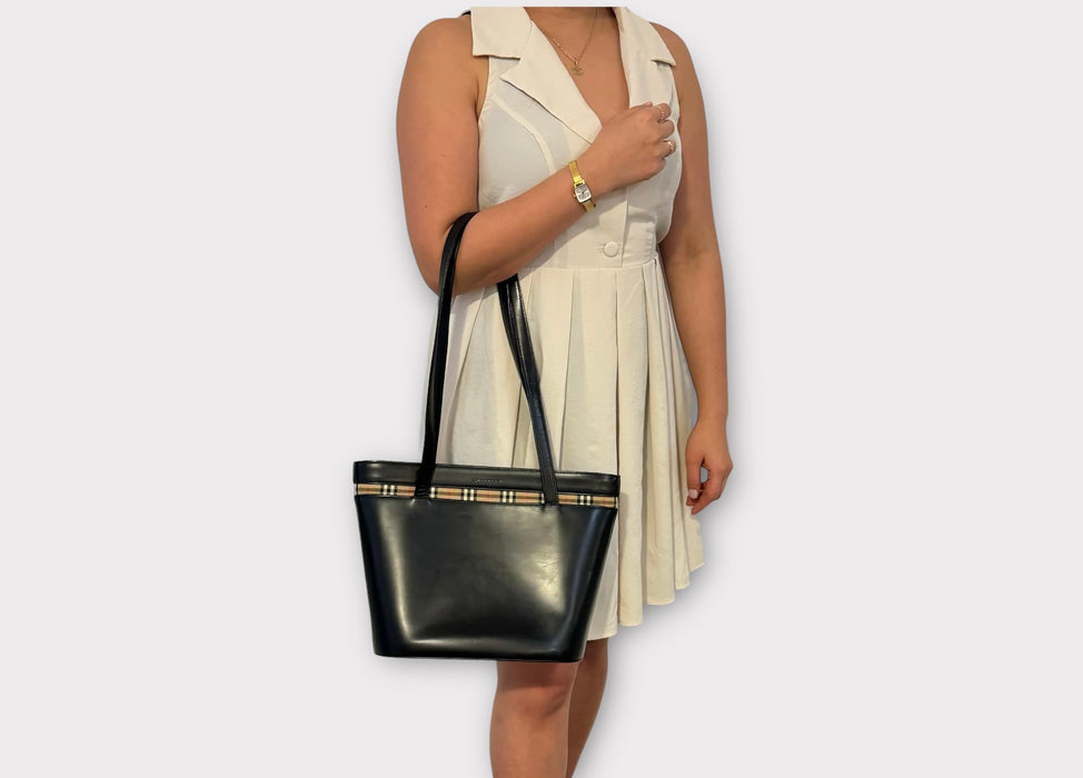 Burberry Classic Check Leather Tote - Black