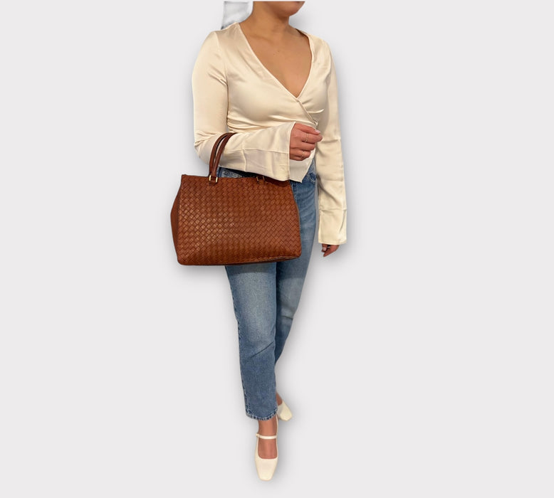 Bottega Veneta Intrecciato Nappa Woven Leather Tote - Caramel Brown