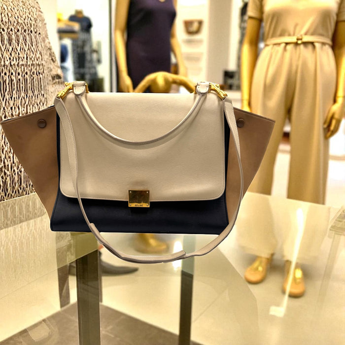 CELINE Tricolor Calfskin Leather And Suede Large Trapeze Bag