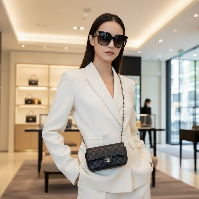 Chanel Sunglasses Black Caviar Leather Crossbody Bag