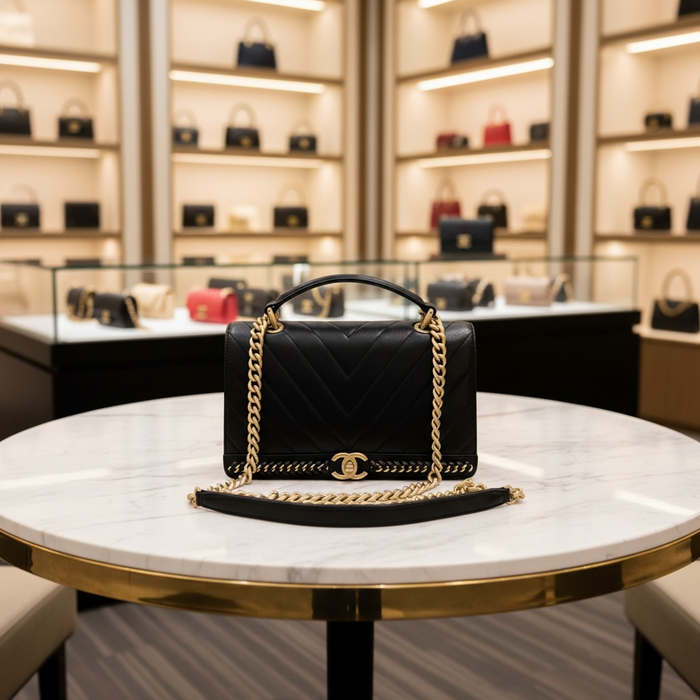 Chanel Black Chevron Stitched Chain Top Handle Bag