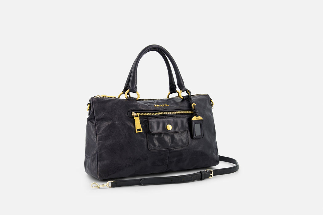 Prada Vitello Shine East West Bauletto Leather Bag- Black