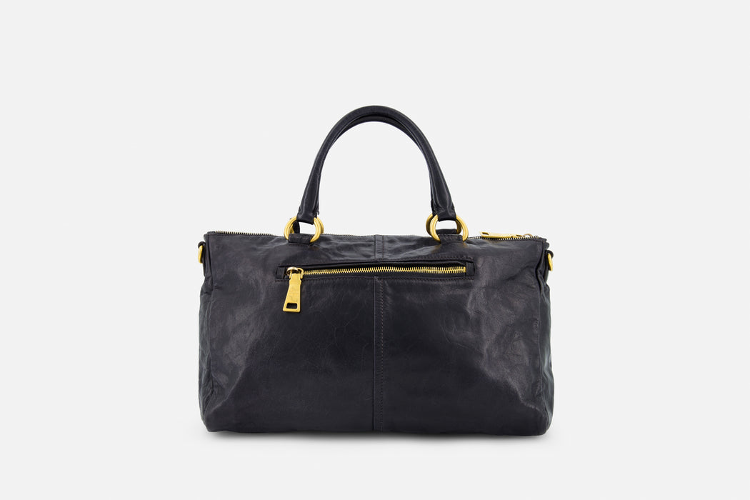 Prada Vitello Shine East West Bauletto Leather Bag- Black