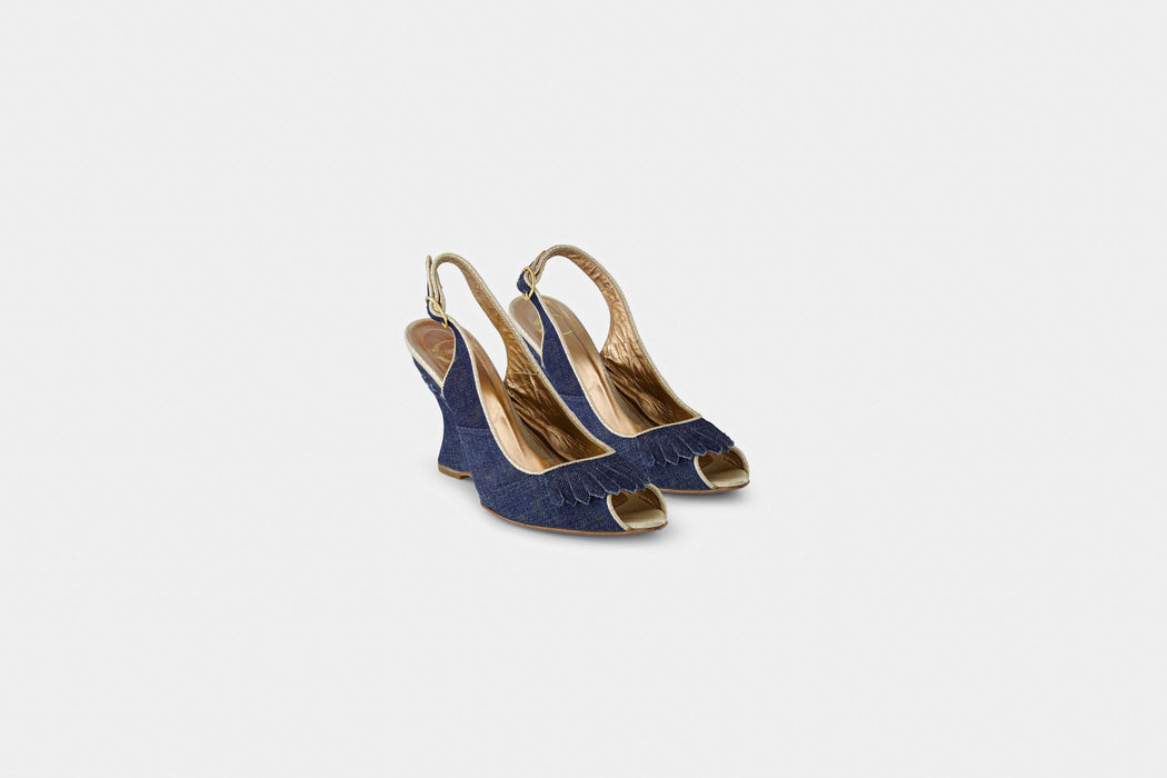 Just Cavalli peep- toe denim wedge- Size 38
