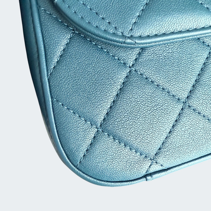 Chanel C19 flap top handle quilted lambskin GHW- Blue