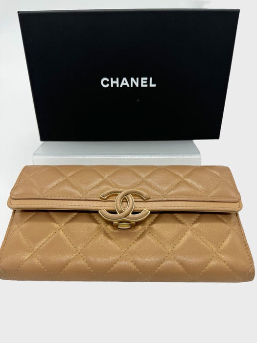 Chanel Long flap CC quilted metallic brown wallet