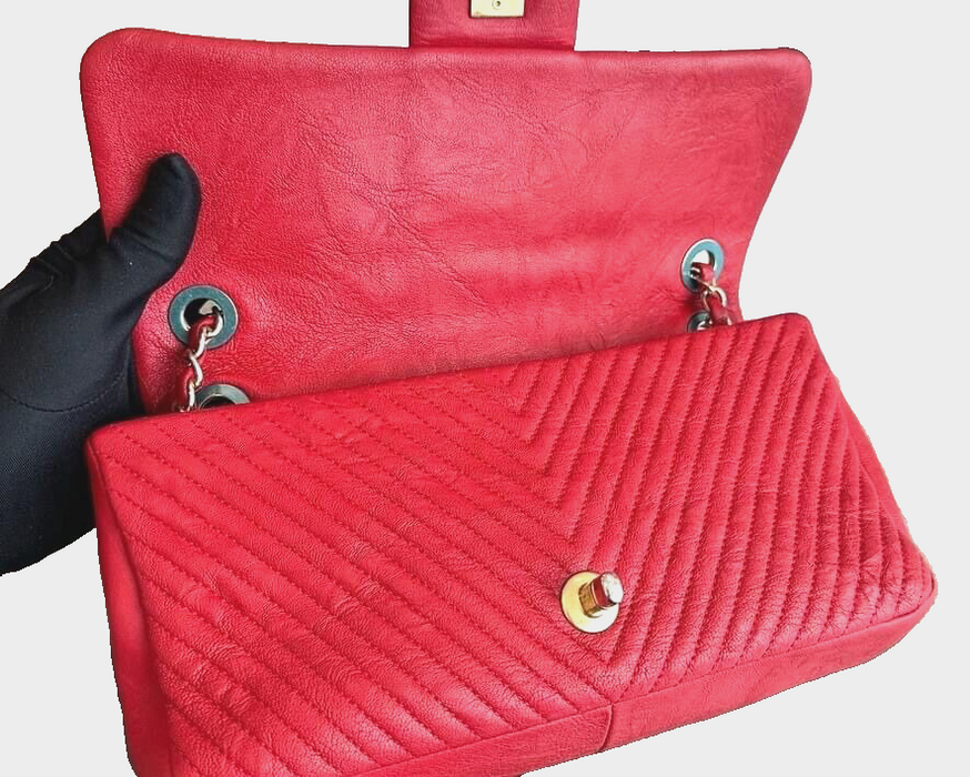 Chanel Herringbone medallion charm flap shoulder bag- red