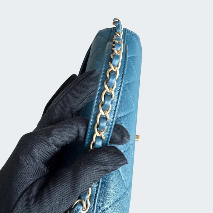 Chanel C19 flap top handle quilted lambskin GHW- Blue