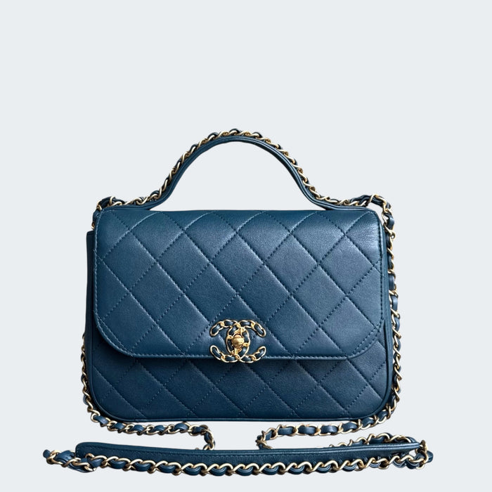 Chanel C19 flap top handle quilted lambskin GHW- Blue
