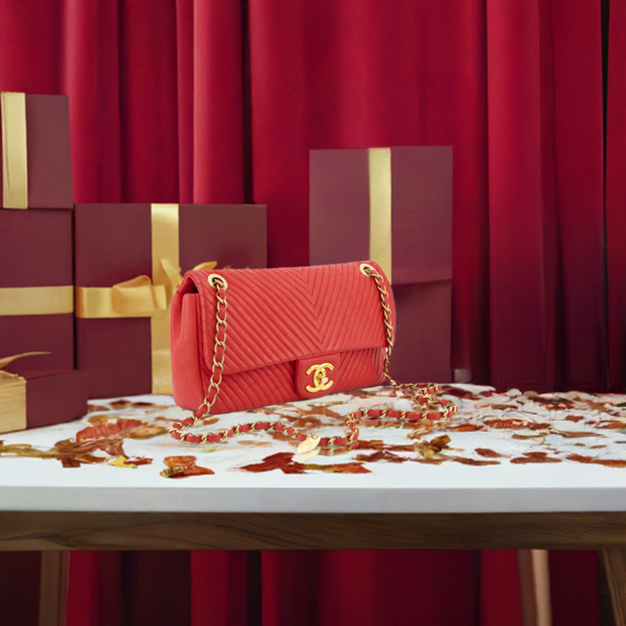 Chanel Herringbone medallion charm flap shoulder bag- red