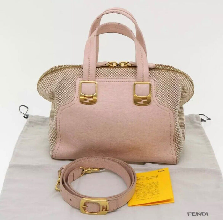 Fendi Vitello elite leather canvas shoulder bag- Pink