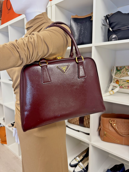 Prada Saffiano Vernice Pyramid Frame Bag- Burgundy