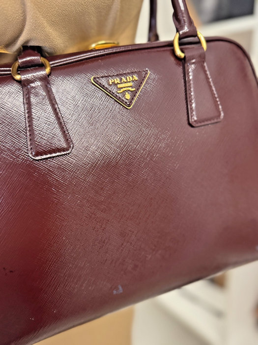 Prada Saffiano Vernice Pyramid Frame Bag- Burgundy