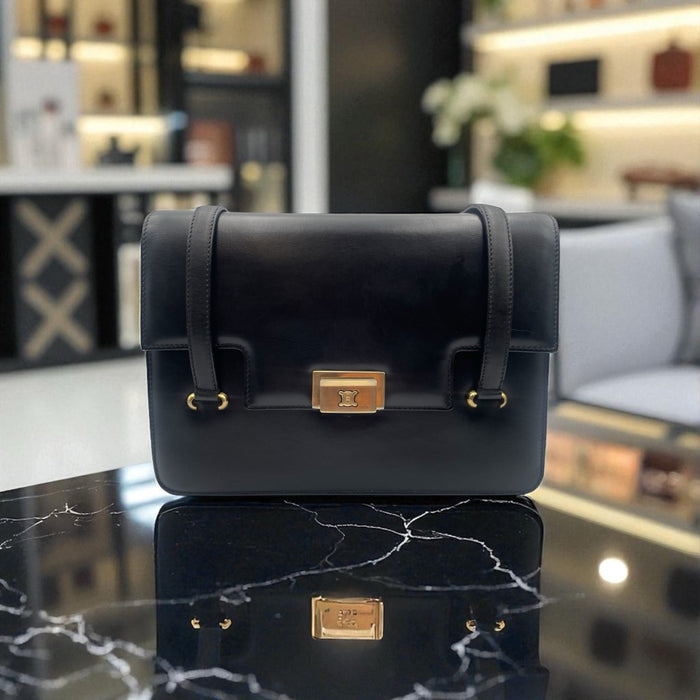 Celine triomphe black vintage leather shoulder bag