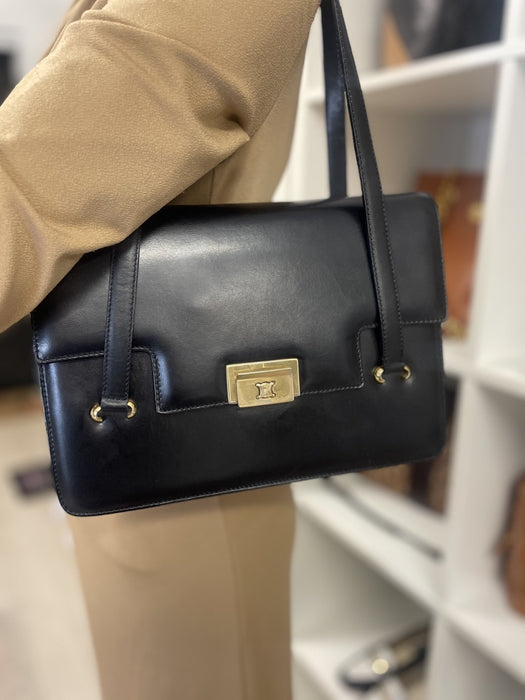 Celine triomphe black vintage leather shoulder bag