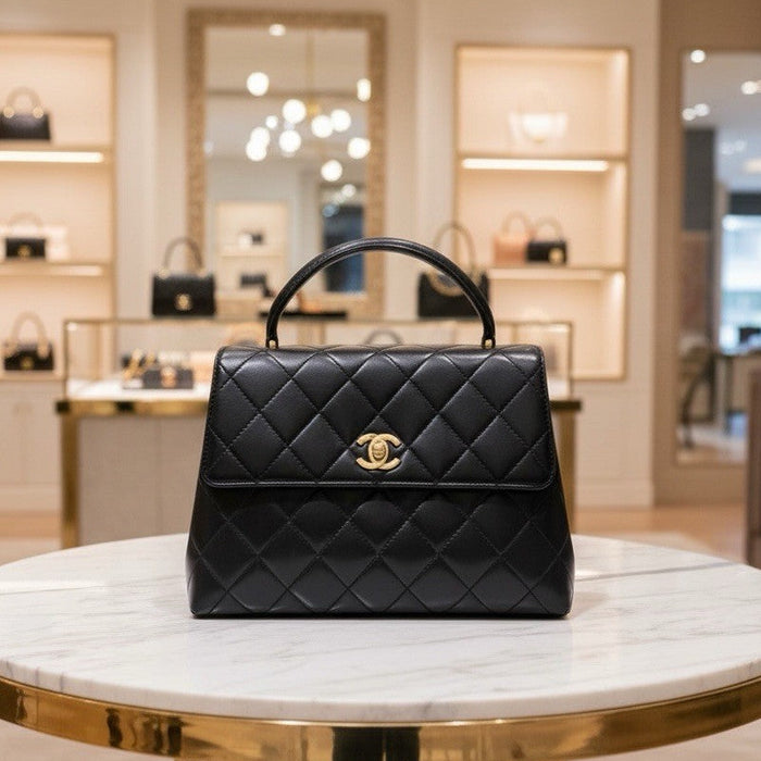 Chanel Vintage Kelly Black Lambskin Top Handle Bag | 24k Gold Plated Hardware