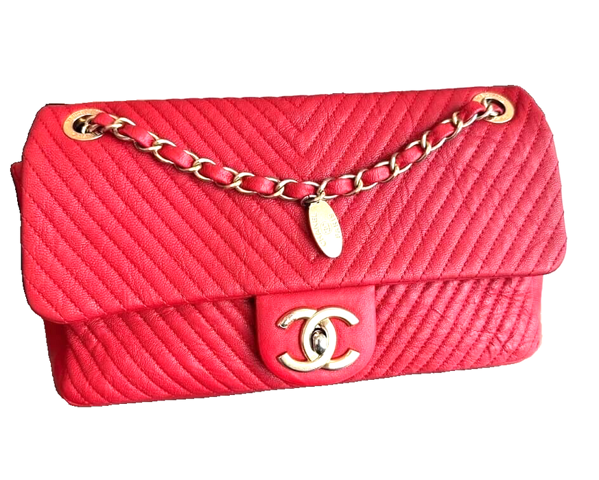 Chanel Herringbone medallion charm flap shoulder bag- red